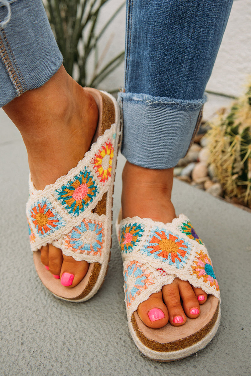 Beige Crochet Criss Cross Platform Slippers