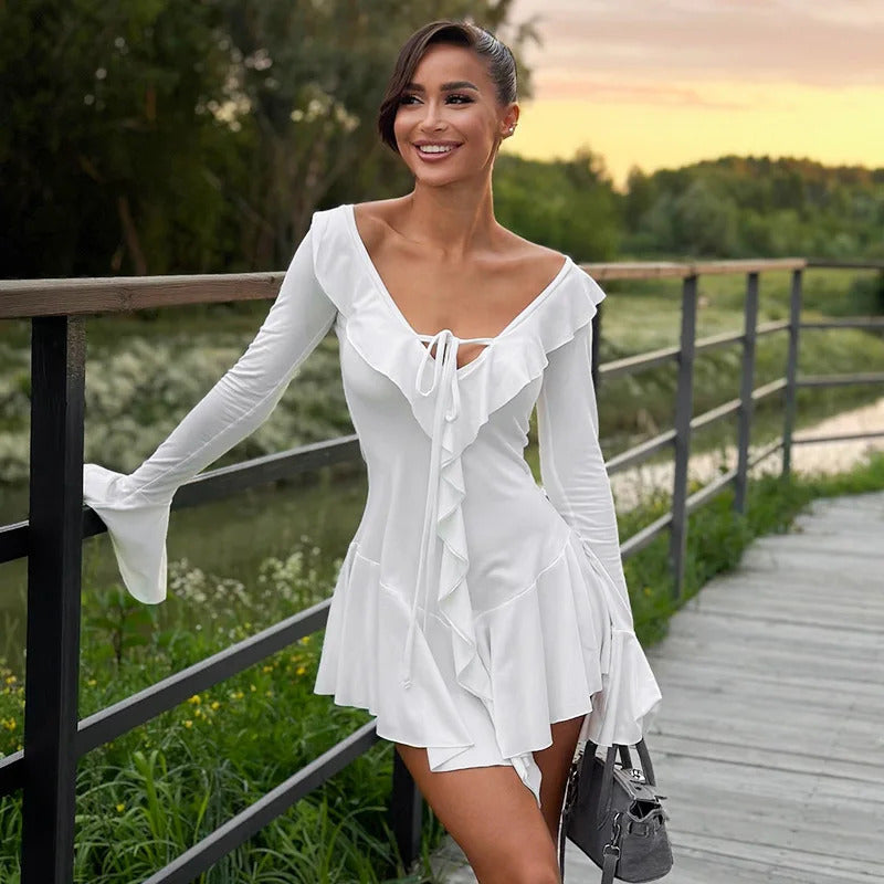 Tossy Ruffled Lace-Up White Mini Dress Women's V-Neck Patchwork Long Sleeve Sexy Slim Dress Bandage Elegant Female Summer Dress