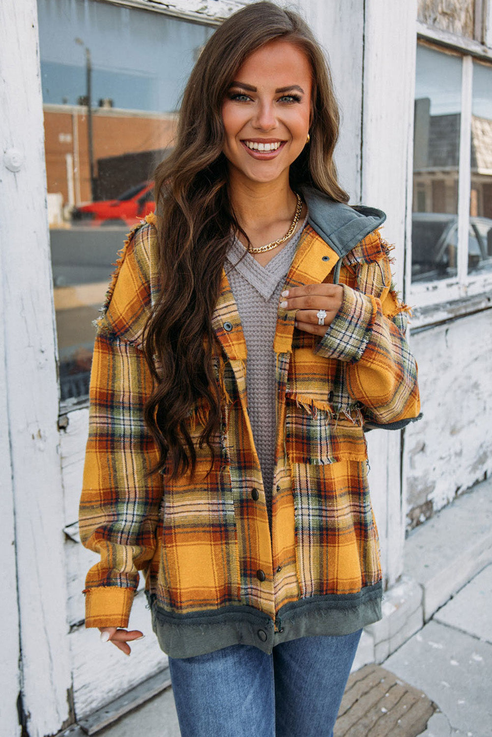 Medium Grey Plaid Patch Hooded Frayed Snap Button Jacket