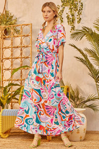 Women's Abstract Printed Wrap V Neck Belted Maxi Dress