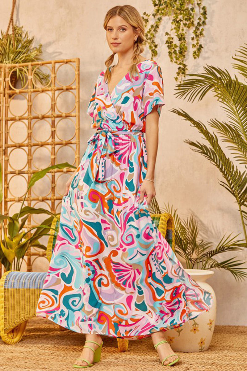 Women's Abstract Printed Wrap V Neck Belted Maxi Dress