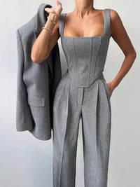 Fashion Grey Pants Sets For Women 3 Pieces Elegant Long Sleeve Belt Blazer Tank Top With High Waist Wide Trousers Lady Suits