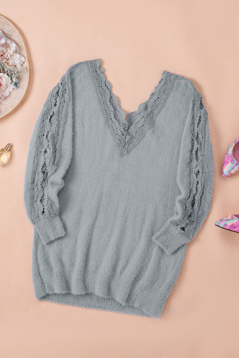 Gray Lace Splicing V Neck Pullover Sweater