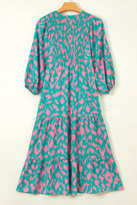 Green Abstract Print Puff Sleeve Tied Notched Neck Long Dress