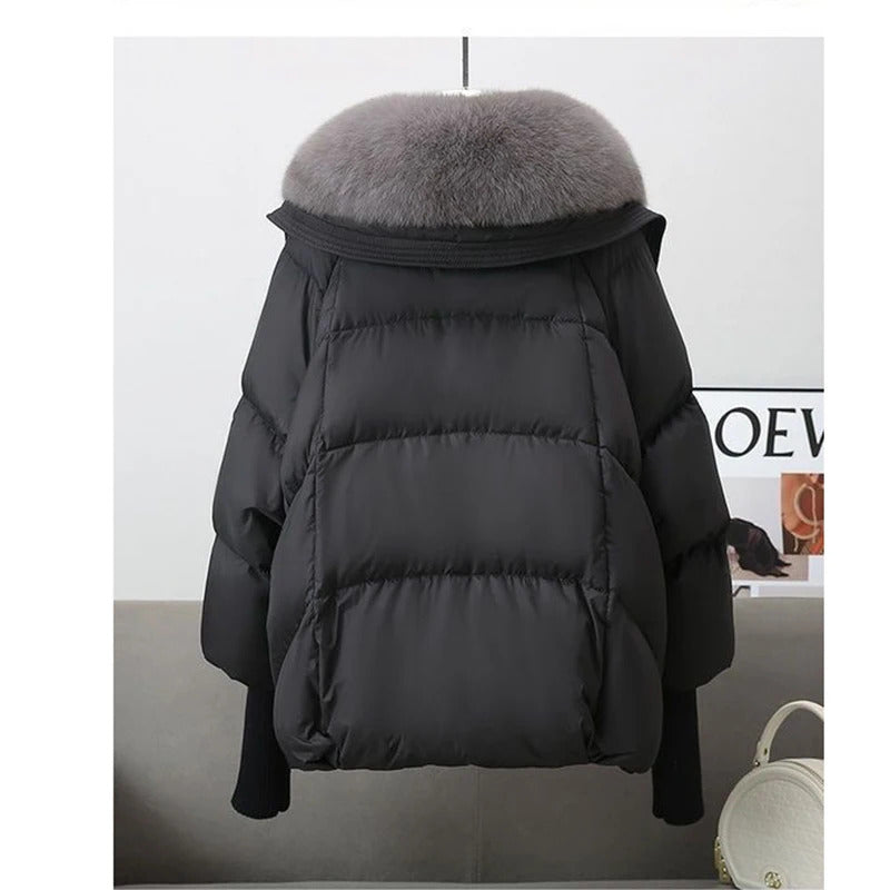 Winter New Fur Collar Puffer Down Parka Loose Down Warmer Thicken Snow Jacket Pocket Zipper Faux Fur Outerwear Female