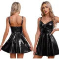 Womens Latex Swing Skirt Disco Dress Glossy Patent Leather Clubwear Halter Sleeveless Skater Mini Dress Rave Party Clubwear