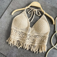 Women's Boho Fringe Backless Halter Tie Neck Underwear Outerwear with Neck Hanging Embroidery Tassel Suspender Vest Short Tank