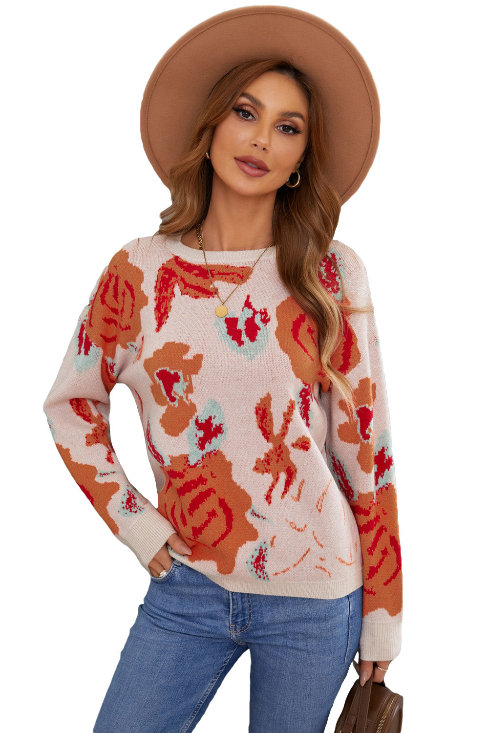 Floral Pattern Drop Shoulder Crew Neck Sweater