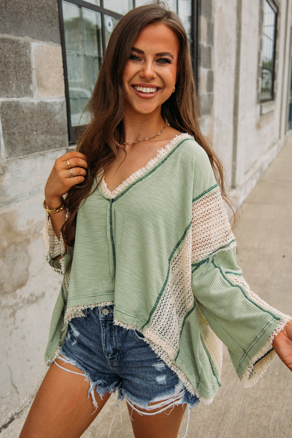 Grass Green Crochet Detail Exposed Seam High Low Loose Top