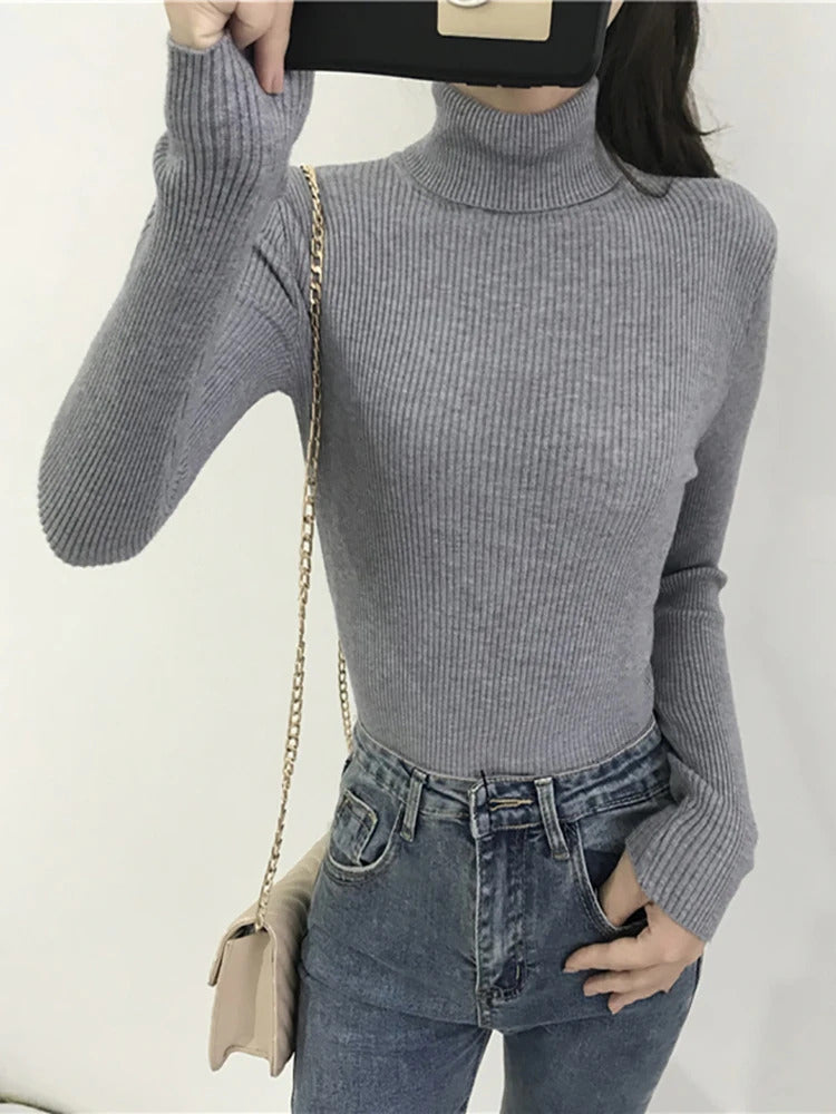 2024 Autumn Winter Thick Sweater Women Knitted Ribbed Pullover Sweater Long Sleeve Turtleneck Slim Jumper Soft Warm Pull Femme