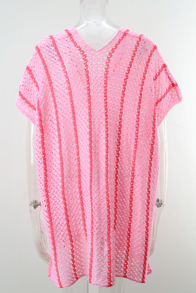 Pink Striped Crochet Loose Fit V Neck Beach Cover Up