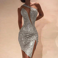 Elegant Ladies Sleeveless Irregular Designer Dress Sexy Slant Neck Sequin Hip Wrap Dress Fashion One Shoulder Slim Split Dresses