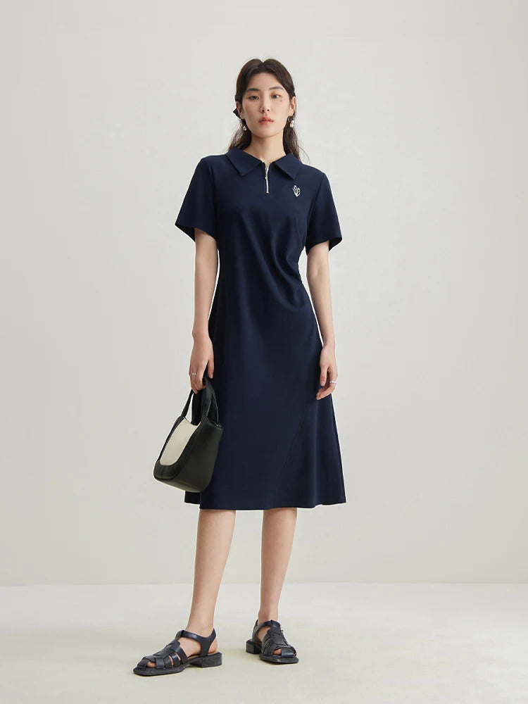 DUSHU Polo Dress Cotton Summer Long Women T Shirt Dress A-LINE Skirts Pleated Design Knee-Length Dress 24DS82109+24DS82316