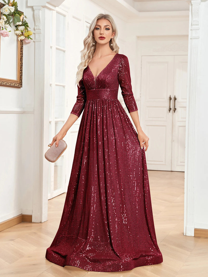 Lucyinlove Luxury V Neck Long Sleeves Blue Sequins Formal Evening Dress Women 2024 Wedding Party Prom Maxi Cocktail Dress Gowns