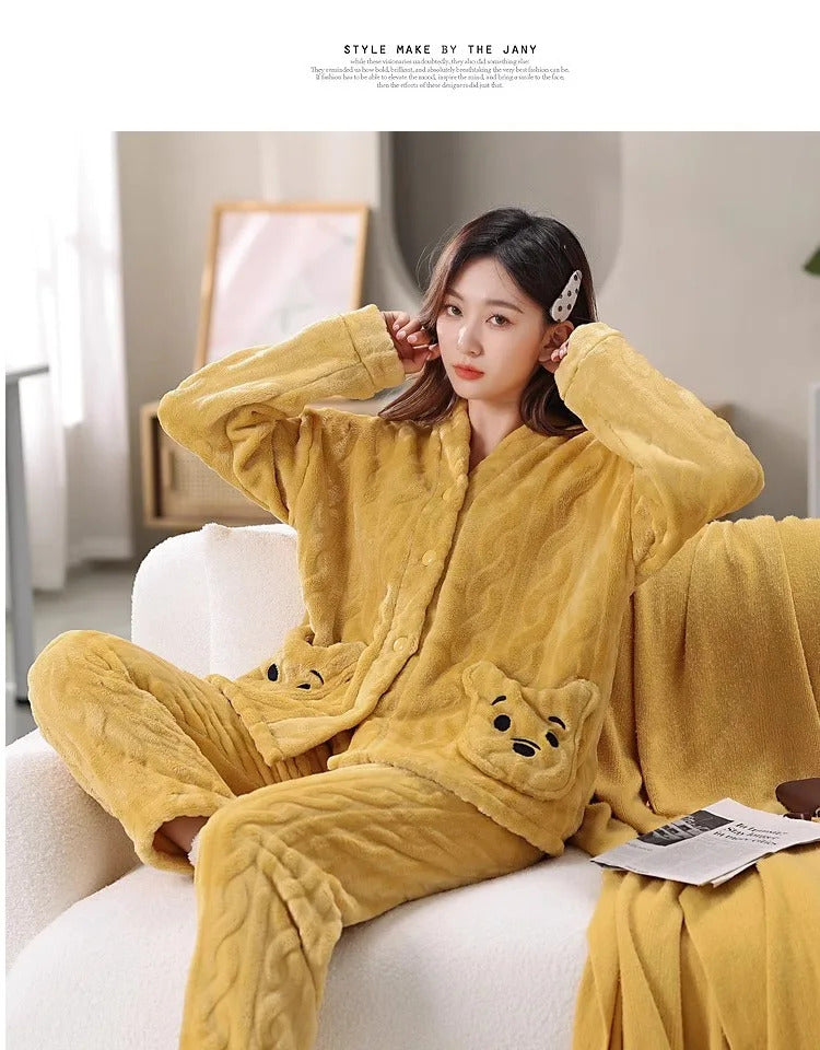 Thickened Warm Coral Velvet Pajamas Women's Autumn and Winter Padded Cartoon Bear Striped Flannel School Pajamas Winter Homewear