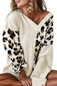 Beige Asymmetric Leopard Patchwork Wide Sleeve V Neck Sweater