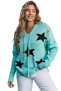 Green V Neck Star Pattern Hooded Sweater with Slits