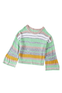 Green Striped Bell Sleeves Loose Sweater