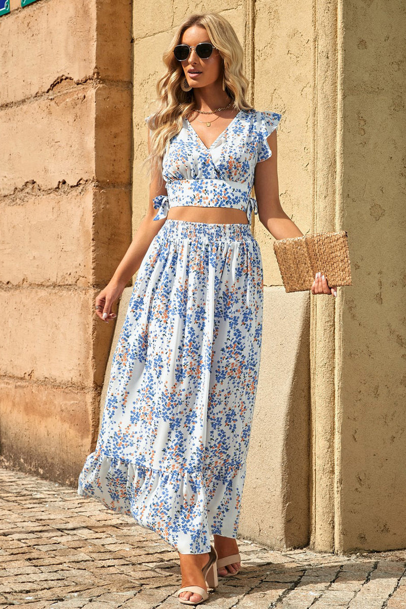 Women's Floral Ruffled Crop Top and Maxi Skirt Set for Fashionable and Fresh Style