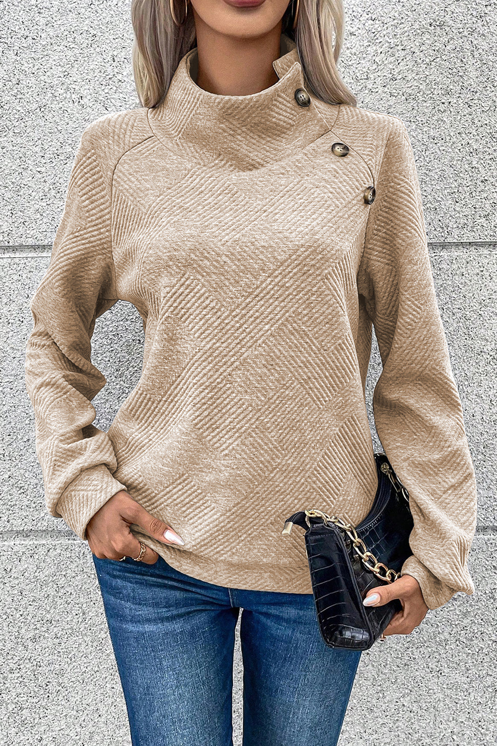 Apricot  Asymmetric Buttons Detail High Neck Textured Sweatshirt