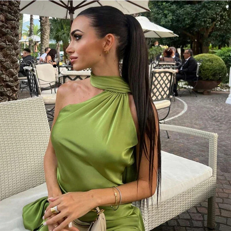 Elegant Satin Halter Party Dress Women Casual Slim Backless Sleeveless High Waist Female Robes 2024 Autumn Lady Evening Dresses