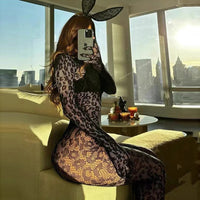 New With Gloves Leopard Print Jumpsuit Long-sleeved Transparent Tight Bodysuit Sexy Backless Body Stockings Long Pants Hot Tops