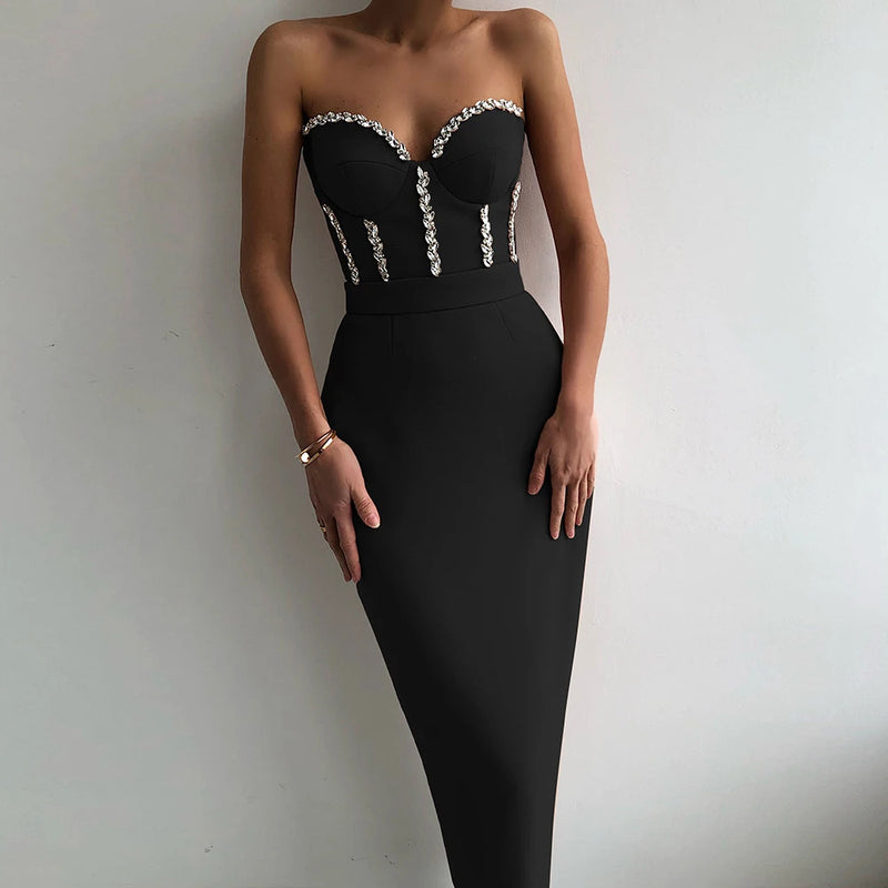 Sexy Strapless Women Dress Bandage Bodycon 2023 New Elegant Beading Party Evening Club Midi Dresses Summer Autumn Clothes