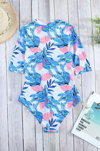 Red Blue Leaves Zip Front Half Sleeve One Piece Swimsuit