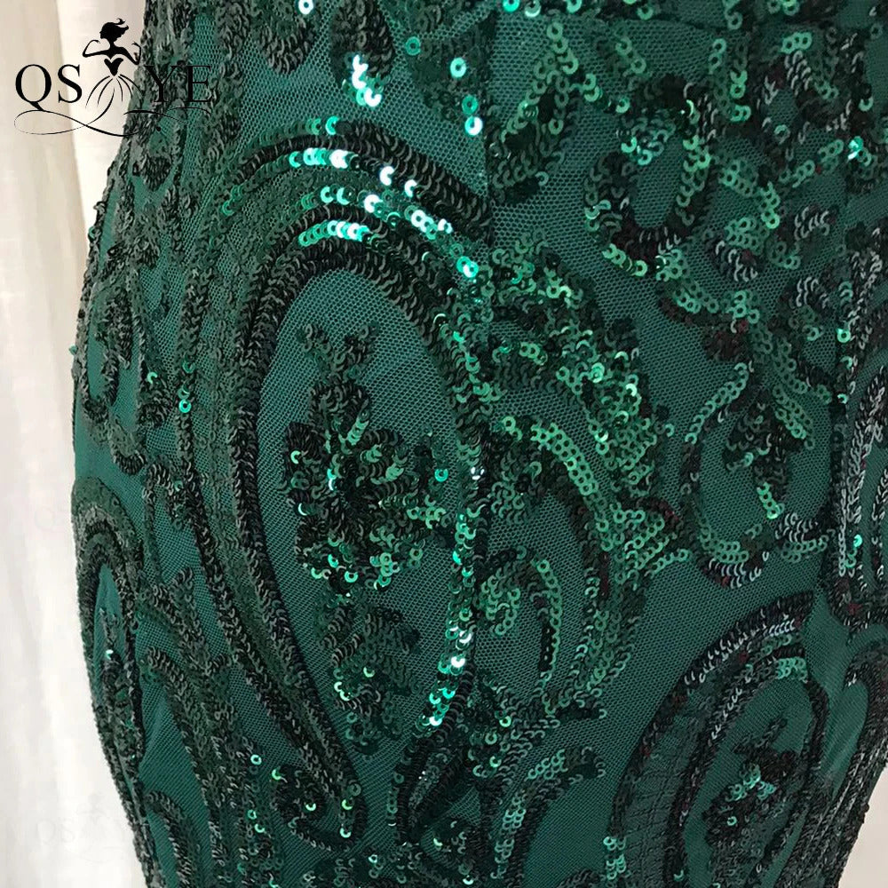 One Shoulder Emerald Evening Dresses Green Sequined Long Mermaid Prom Gown Glitter Elegant Party Dress Pattern Lace Formal Dress