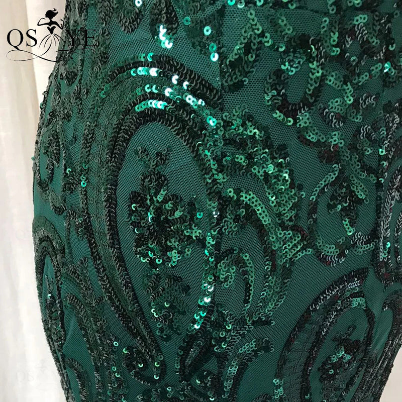 One Shoulder Emerald Evening Dresses Green Sequined Long Mermaid Prom Gown Glitter Elegant Party Dress Pattern Lace Formal Dress