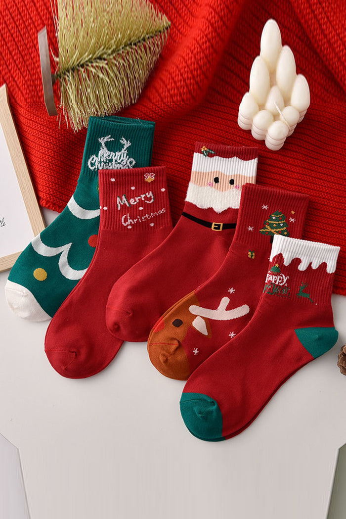 Fiery Red 5 Pairs Festive Merry Christmas Cartoon Print Socks