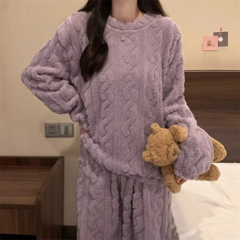 Thickened Warm Sleepwear for Winter Women Flannel Suit Student Pajamas Homewear Tops and Pants Striped Nightwear Loungewear