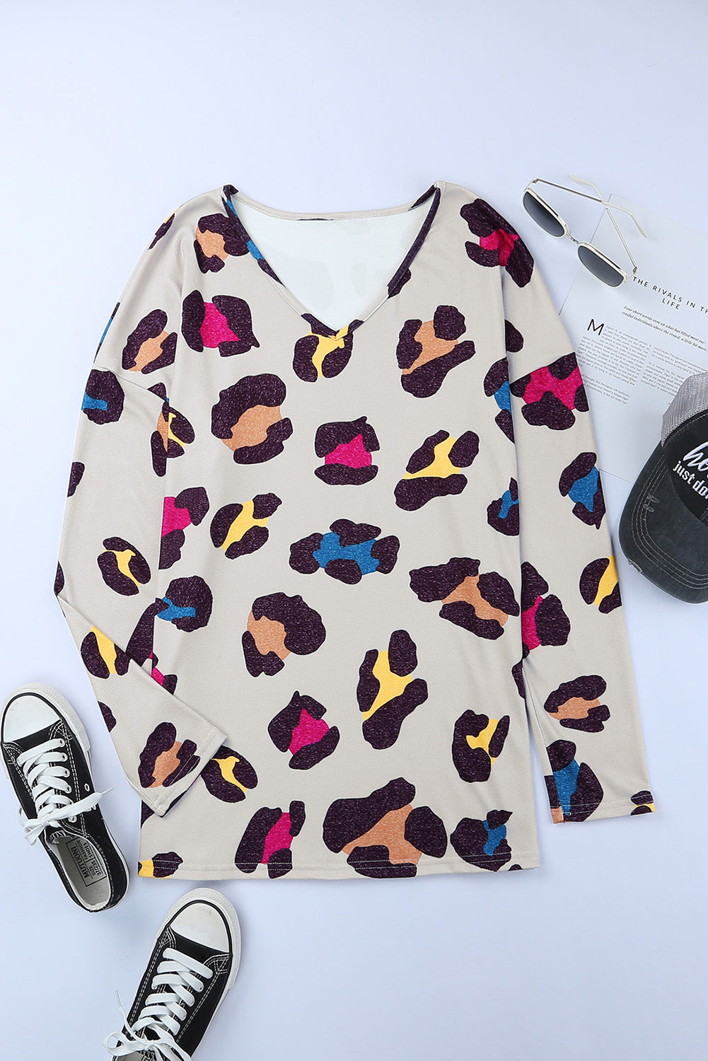 Apricot Colorful Leopard Print V Neck Long Sleeve Top with Slits