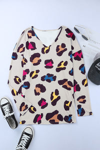 Apricot Colorful Leopard Print V Neck Long Sleeve Top with Slits