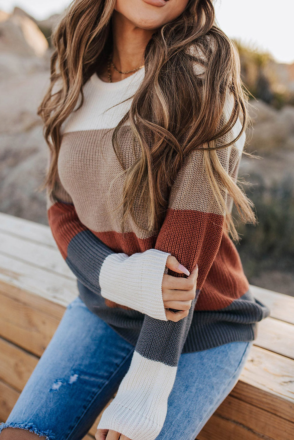 Chestnut Color Block Knitted O-neck Pullover Sweater