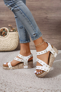 White Rivet Hollow Out Leather Wedge Sandals