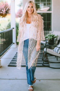 White Sequin Sheer Long Sleeve Open Front Kimono