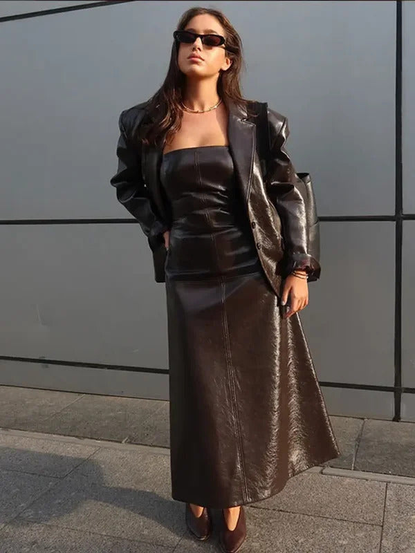 PU Women's Coat With Dress Suit Fashioh Sleeveless Strapless Faux Leather Dress And Loose Lapel Long Sleeve Coat Two Piece Set