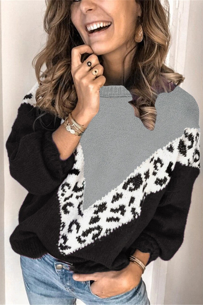 Black Colorblock Chevron Leopard Pullover Sweater