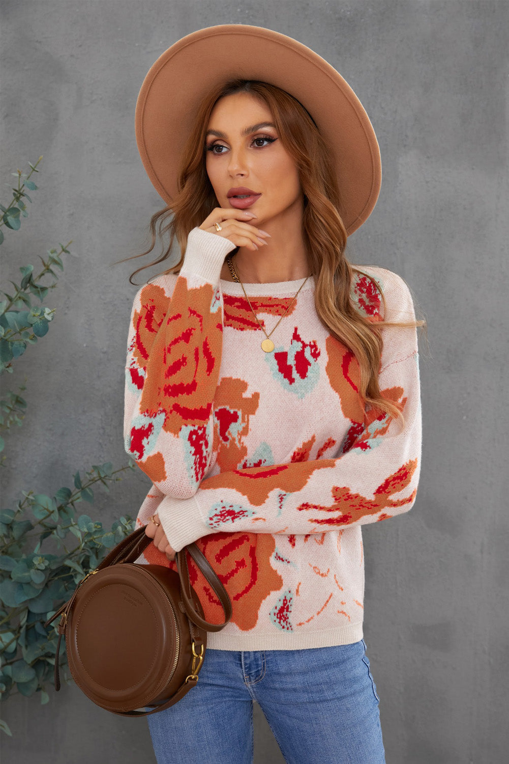 Floral Pattern Drop Shoulder Crew Neck Sweater