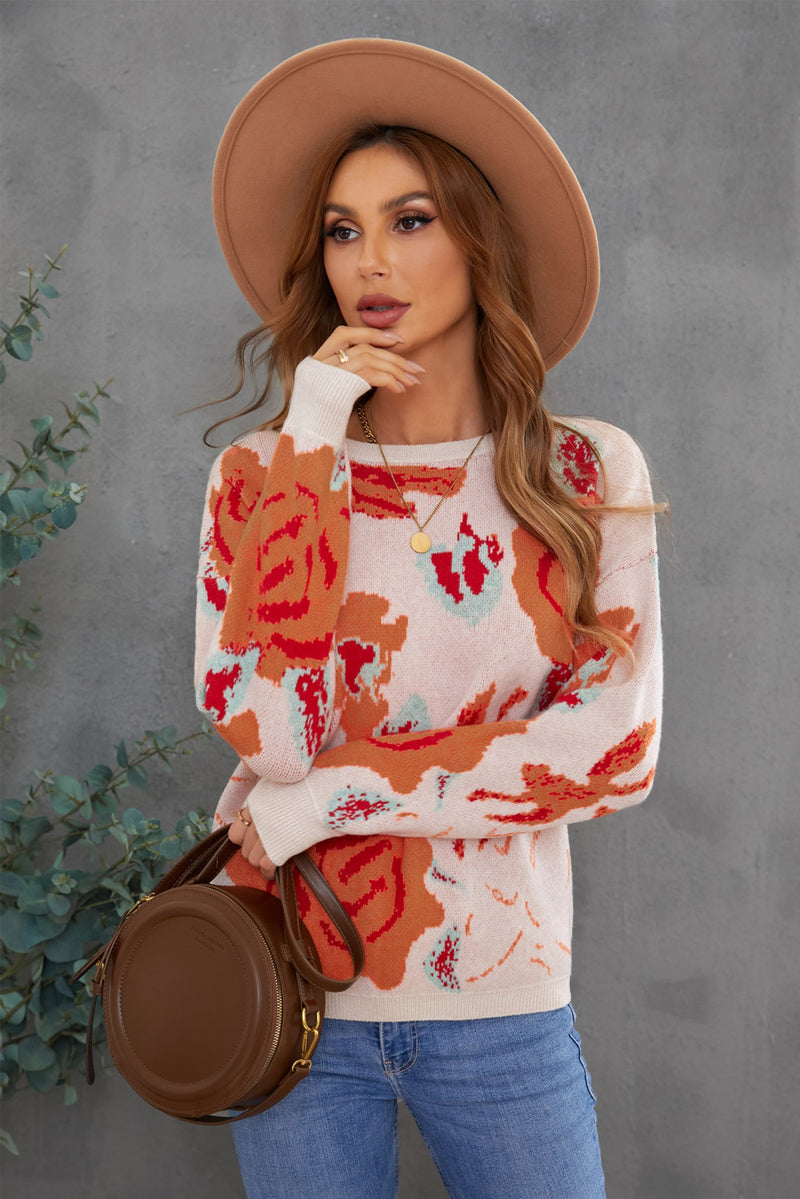 Floral Pattern Drop Shoulder Crew Neck Sweater