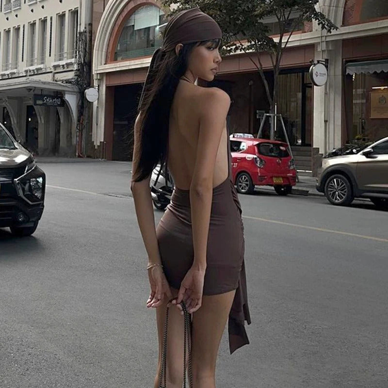 Xeemilo Harajuku Low-cut Backless Mini Dress Vintage Brown Ring Bandage Pleated Slim Dresses 2023 Summer Party Street Vestidos