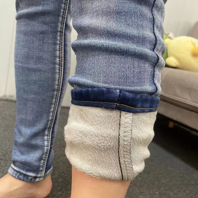 Women Thermal Skinny Jeans Mom Winter Warm Plush Stretch Jeans Lady Fleece Snow Denim Pants Student Pencil Straight Leg Trousers