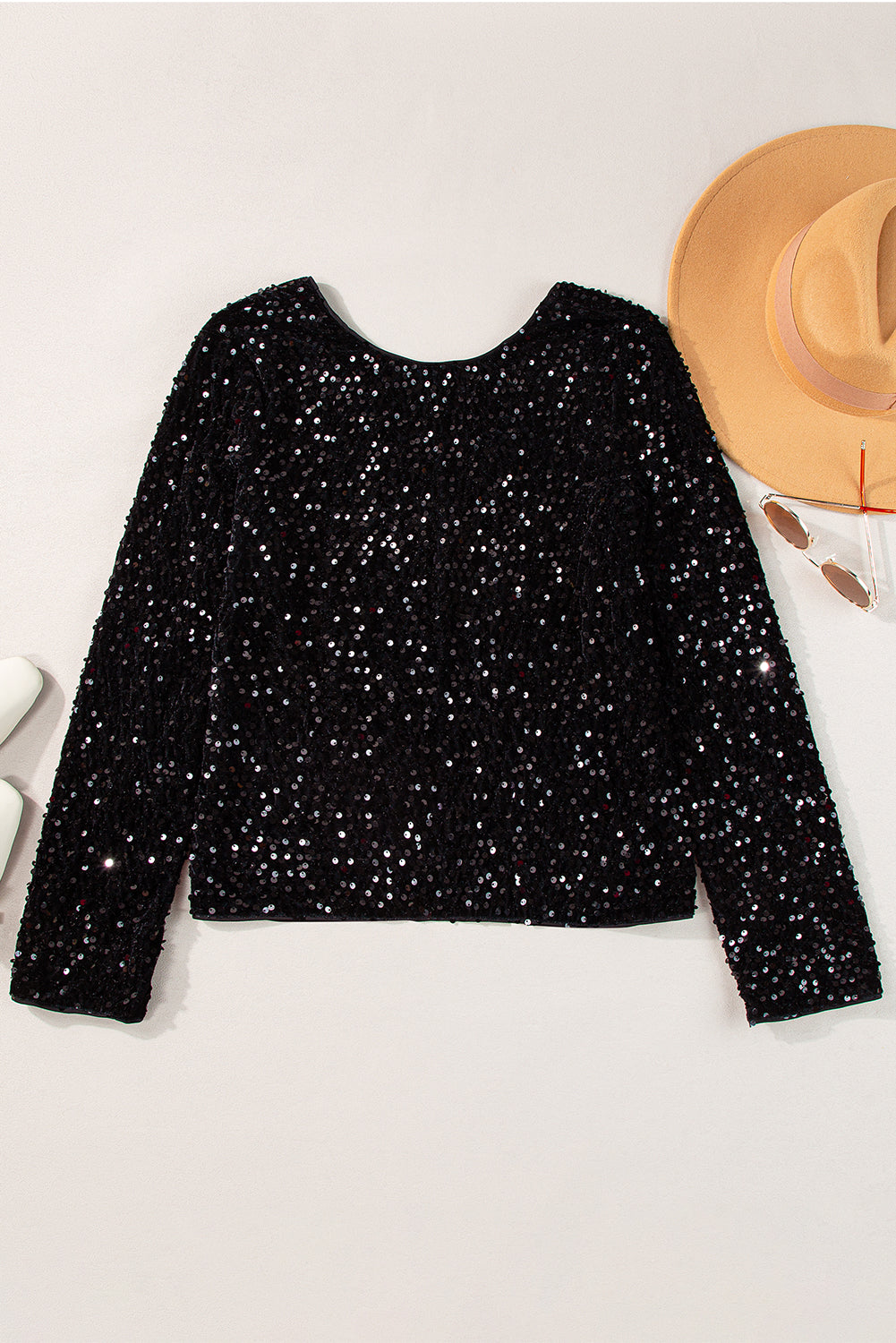 Chicory Coffee Sequin Long Sleeve Cutout Back Top