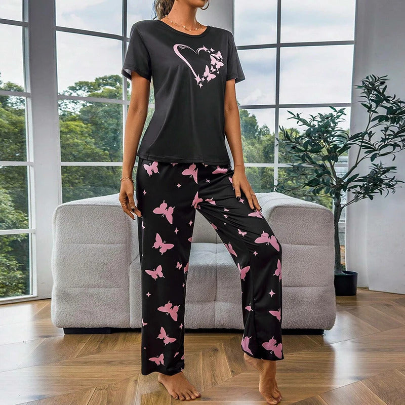 Women's Pajama Set Casual Heart print T-Shirt With Pants Sleepwear Loungewear Nightwear 2 Piece Sets Pijama Pajamas for women