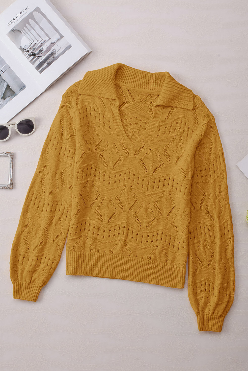 Khaki Hollowed Pattern Knit V Neck Collared Sweater