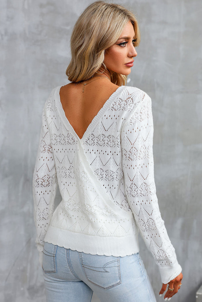 White Surplice V Openwork Textured Sweater