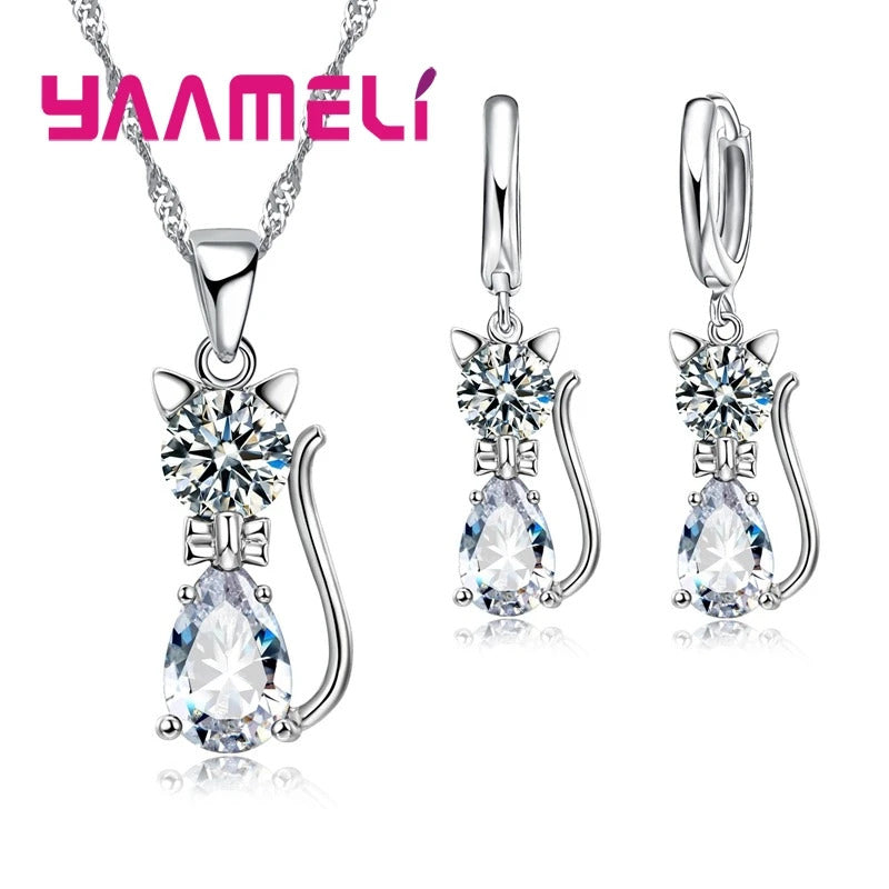 Real 925 Sterling Silver Color Jewelry Sets for Woman Girls Shining Austrian Crystal Cute Cat Pendant Necklace Huggie Earring