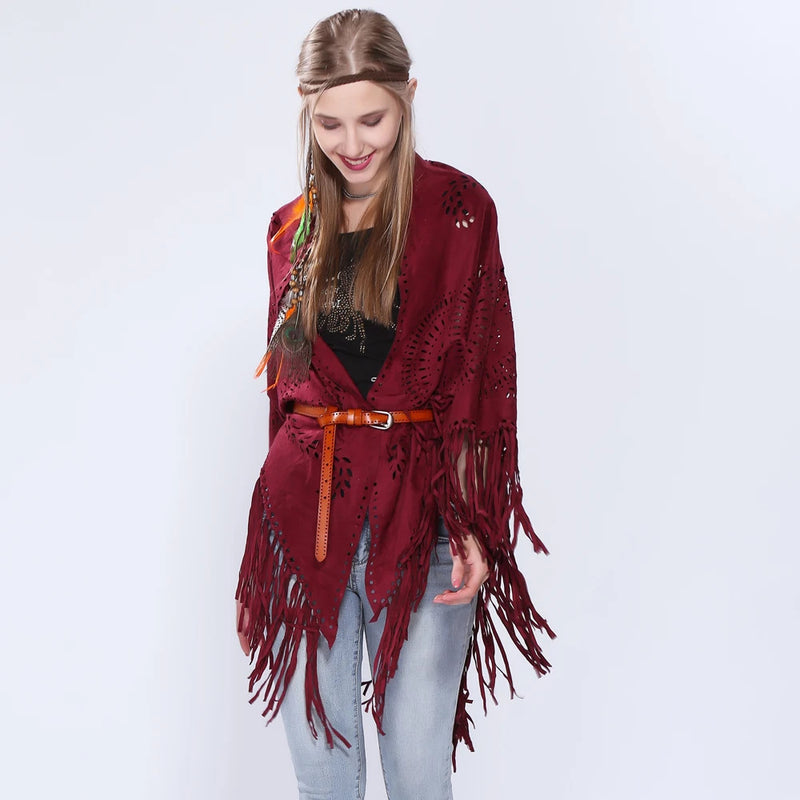 Women's Loose Suede Fringe Open Poncho Cloak Shawl Wrap with Punch Hole Patterns and Graceful Fringes Dropshipping