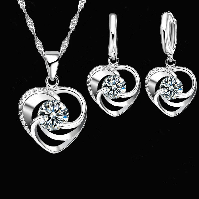 925 Sterling Silver Stamped Necklace Earrings Set Long Chain Sweet Romantic Style Love Heart Shape For Women Lady Wife